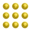 Set of gold round buttons with numbers from 1 to 9 with shadows. Golden buttons isolated on white. Numbered badges vector icons. Royalty Free Stock Photo