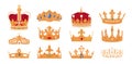 Set of gold royal crowns for king and queen, prince and princes monarchy crowning headdress
