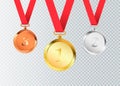 Set of gold, silver and bronze Award medals isolated on transparent background. Vector illustration Royalty Free Stock Photo