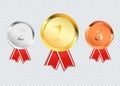 Set of gold, silver and bronze Award medals isolated on transparent background. Vector illustration of winner concept Royalty Free Stock Photo