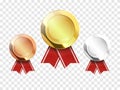Set of gold, silver and bronze Award medals isolated on transparent background. Vector illustration of winner concept Royalty Free Stock Photo