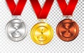 Set of gold, silver and bronze award medals with red ribbons. Medal round empty polished vector collection isolated on transparent Royalty Free Stock Photo