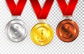 Set of gold, silver and bronze award medals with red ribbons. Medal round empty polished vector collection isolated on transparent Royalty Free Stock Photo