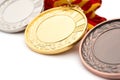 Set of gold silver and bronze award medals on white Royalty Free Stock Photo