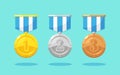 Set of gold, silver, bronze medal with star for first place. Trophy, award for winner isolated on background. Golden badge with Royalty Free Stock Photo