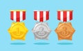 Set of gold, silver, bronze medal with star for first place. Trophy, award for winner isolated on background. Golden badge with Royalty Free Stock Photo