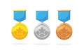 Set of gold, silver, bronze medal with star for first place. Trophy, award for winner isolated on background. Golden badge with Royalty Free Stock Photo