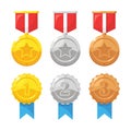 Set of gold, silver, bronze medal with star for first place. Trophy, award for winner isolated on background. Golden badge with Royalty Free Stock Photo