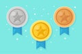 Set of gold, silver, bronze medal with star for first place. Trophy, award for winner isolated on blue background. Golden badge Royalty Free Stock Photo
