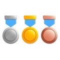 Set of gold, silver and bronze medals with blue ribbons Royalty Free Stock Photo