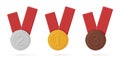 Set of gold, silver and bronze medals with red ribbons, 3d label tags