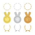 A set of gold, silver, bronze medals, wreaths and signs of the winners. Isolated vector illustration