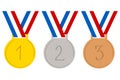 A set gold, silver and bronze Olympic medals. Sports game prize.