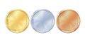 Set of gold, silver and bronze round empty medals. Royalty Free Stock Photo