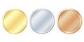 Set of gold, silver and bronze round empty medals. Royalty Free Stock Photo