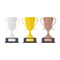 Set of gold, silver and bronze trophy cups. Winner, champion, leader symbol Royalty Free Stock Photo