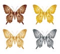 Set of gold silver butterfly on a white background, a collection of butterflies. Vector illustration. Royalty Free Stock Photo