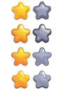 Set of gold, silver cartoon stars, elements for game. Isolated vector on the white background.