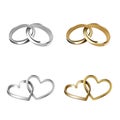 Set of gold and silver wedding rings. heart and round shaped rings. interlocking rings Royalty Free Stock Photo