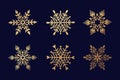 Set of gold snowflakes. Winter holiday decor elements. Linear snowflake icon set. Flat styl Royalty Free Stock Photo