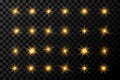 Set Of Gold Sparks Isolated. Vector Glowing Stars. Light effect, golden glowing flash with gold rays and lights