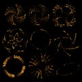 Set of gold spirograph patterns. Vector geometric abstract shapes isolated on black.