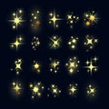 Set of Gold star sparkling and twinkling cartoon. Glittering star light particles. Vector illustration. Isolated on black backgrou Royalty Free Stock Photo