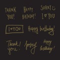 Set of gold vector greeting phrases - Happy birthday , Thank you, I love you, Sorry. Wish text for banners, posters. Royalty Free Stock Photo