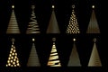 Set of gold vector stylized Christmas tree, logo icon festive isolated on black background Royalty Free Stock Photo
