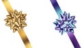 Set of gold and violet gift bows with ribbons. Vector illustration.