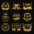 Set of gold vip monograms for graphic design on black background.