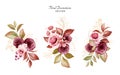 Set of gold watercolor floral arrangements of burgundy and peach roses and leaves. Botanic decoration illustration for wedding Royalty Free Stock Photo