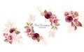 Set of gold watercolor floral arrangements of burgundy and peach roses and leaves. Botanic decoration illustration for wedding Royalty Free Stock Photo