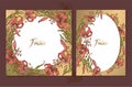 Set of gold wedding frames cards with a bouquet of lilies.