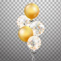 Set of Gold, white transparent helium balloon in the air . Frosted party balloons for event design. Party decorations for