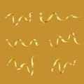 A set of gold yellow expensive luxury ribbons lines, serpentine for the new year, Christmas is isolated on a yellow background