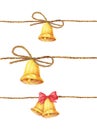 Set of Golden bell hanging on rope. Watercolor illustration. Royalty Free Stock Photo