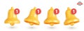 Set of golden bell icons with notification counters. Realistic golden bells, concept of a new message notification in social media