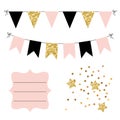 Set of golden, black and pink flags bunting, stars and curved frame Royalty Free Stock Photo