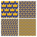 Set of golden blue optical illusion seamless patterns of moving crowns, crosses, dollar signs and seagull symbols