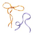Set of golden bow, blue ribbon. Bows with long ribbons. For decorating gifts, flower bouquets, cards, congratulations. Birthday,