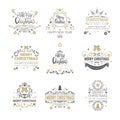Set Of Golden Calligraphic Lettering Icons Christmas And New Year Logos Collection Isolated On White Background
