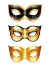 Set of golden carnival venetian masks on white background