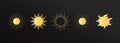 Set of golden celestial sun symbols. Various shaped suns. Celestial space emblems. Space elements Royalty Free Stock Photo