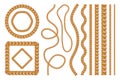 Set of golden chains, gold bracelet and chain brushes and frames. Different gold links, flat jewelry elements. Vector