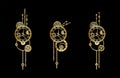 Set of golden clocks with gears, cogwheels, chains and windup keys. Steampunk