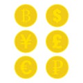 Set of golden coins bitcoin dollar uang pound euro ruble golden money yellow coin signs of currency flat design EPS 10