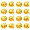 Set of Golden Coins for game apps. Gold icons star, heart, clubs hearts, tambourine, spades, clover leaf, scull,crown