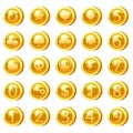 Set of Golden Coins for game apps. Gold icons star, heart, numbers, clubs hearts, tambourine, spades, clover leaf, scull