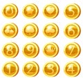 Set of Golden Coins for game apps. Gold icons star, heart, numbers symbols game UI, gaming gambling. Vector illustration